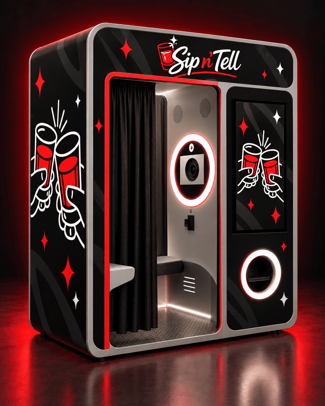 The Sip n' Tell photo booth: a black and red booth with the Sip n' Tell logo, a ring light and a curtained seat